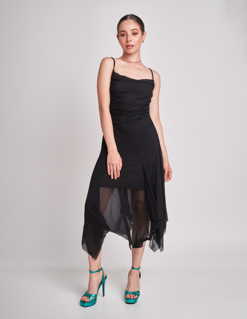 Vestido Negro Midi: Sutilmente Sensual con Tela Mesh y Forro