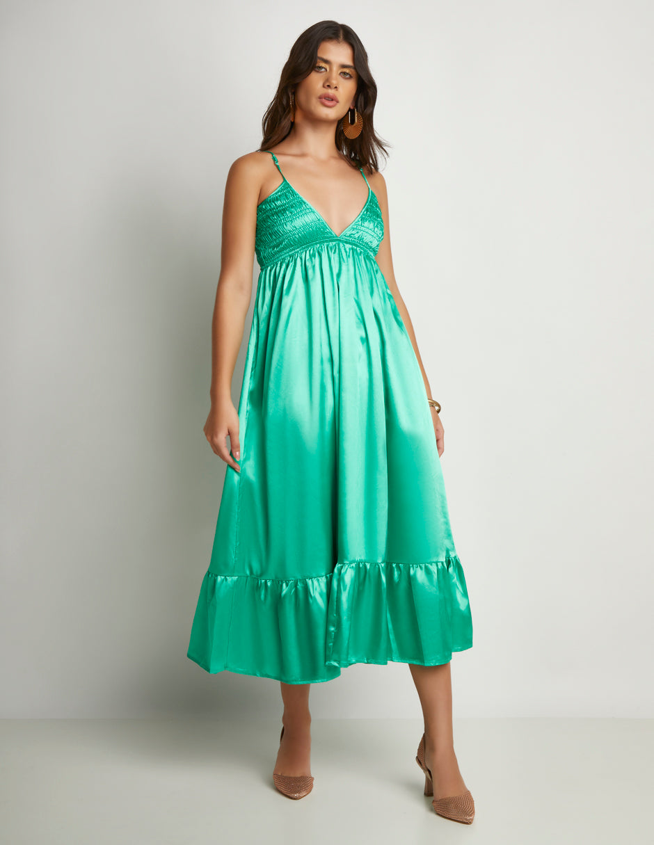 Vestido Devendi Satinado Midi en Verde Menta con Escote en V