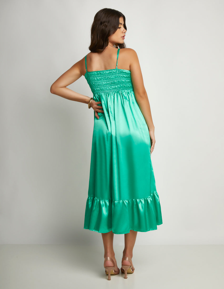 Vestido Devendi Satinado Midi en Verde Menta con Escote en V