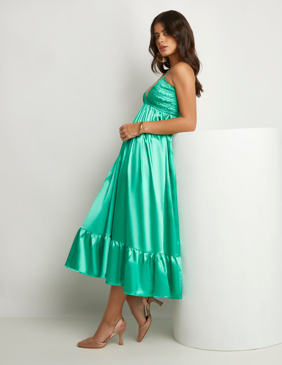 Vestido Devendi Satinado Midi en Verde Menta con Escote en V