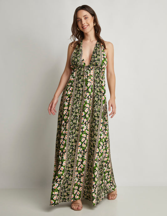 Vestido Floral con Cuello Halter y Espalda Descubierta – Tela Ligera y Elegante