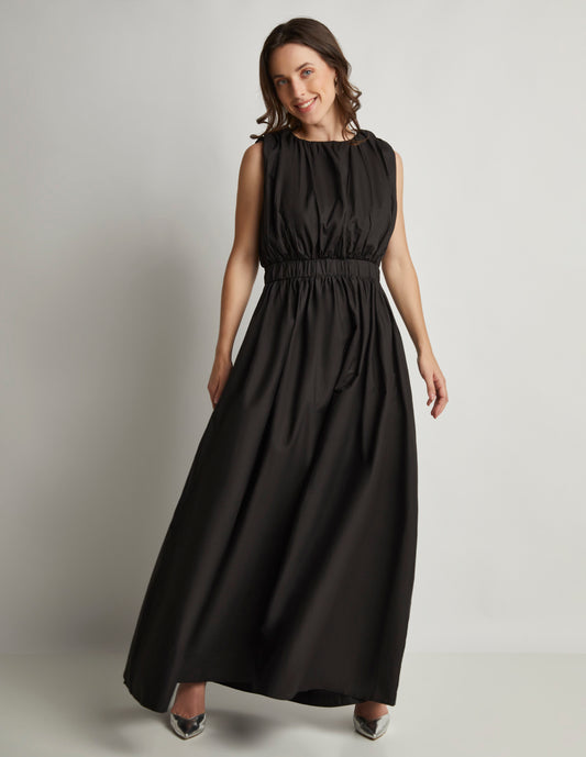 Vestido Maxi Negro de Algodón con Cintura Elástica y Manga Removible