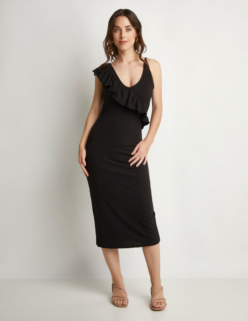 Vestido Midi Negro en Tejido de Punto Stretch con Escote en V