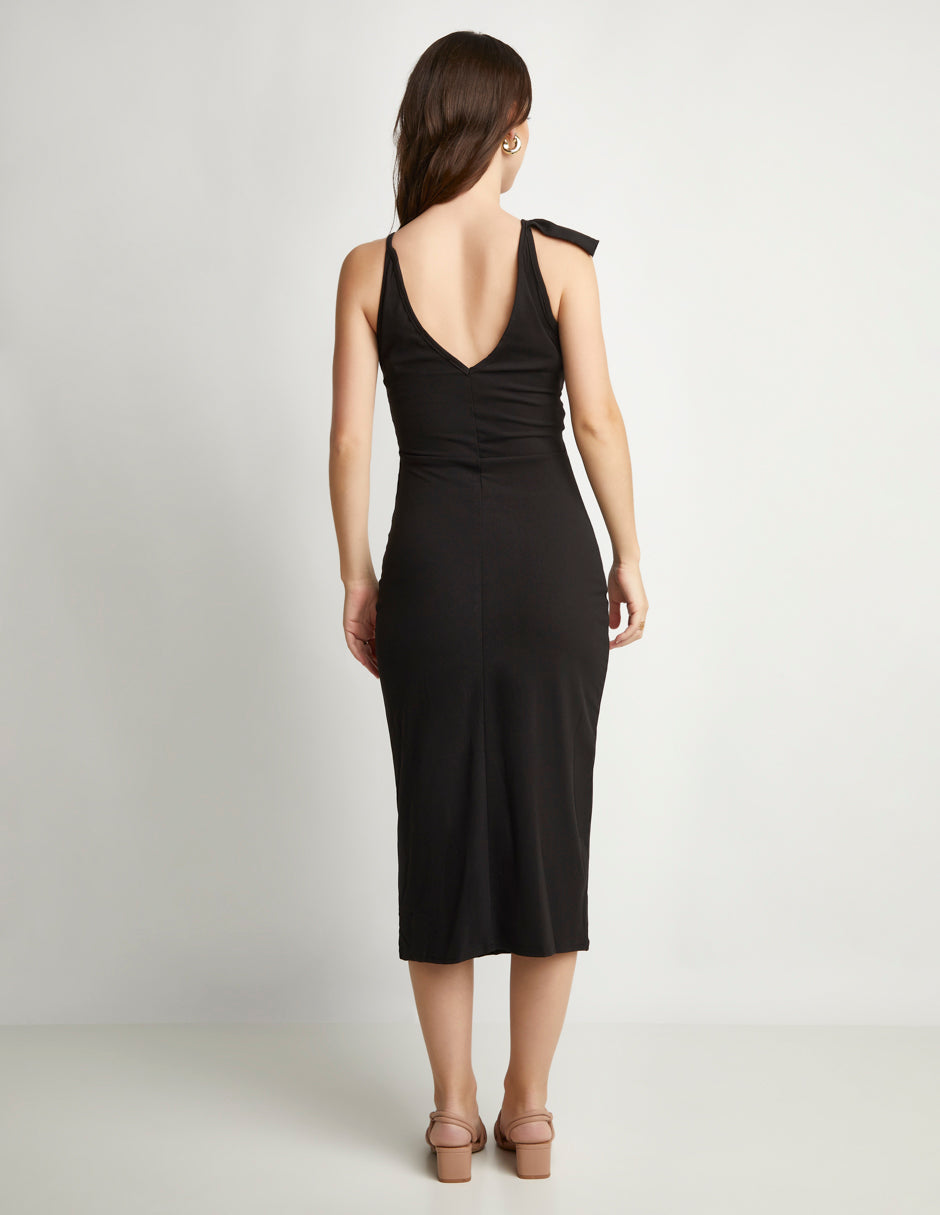 Vestido Midi Negro en Tejido de Punto Stretch con Escote en V