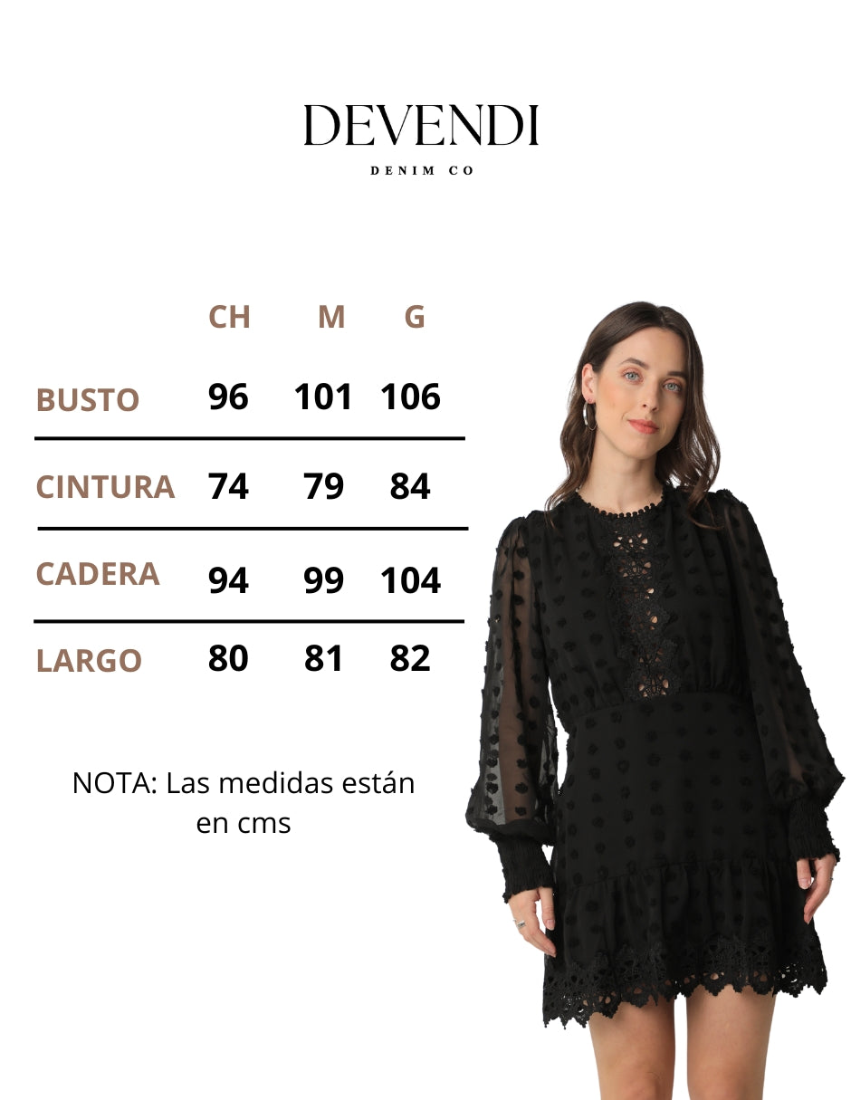 Vestido Devendi Corto Negro con Mangas de Tul y Detalles Bordados