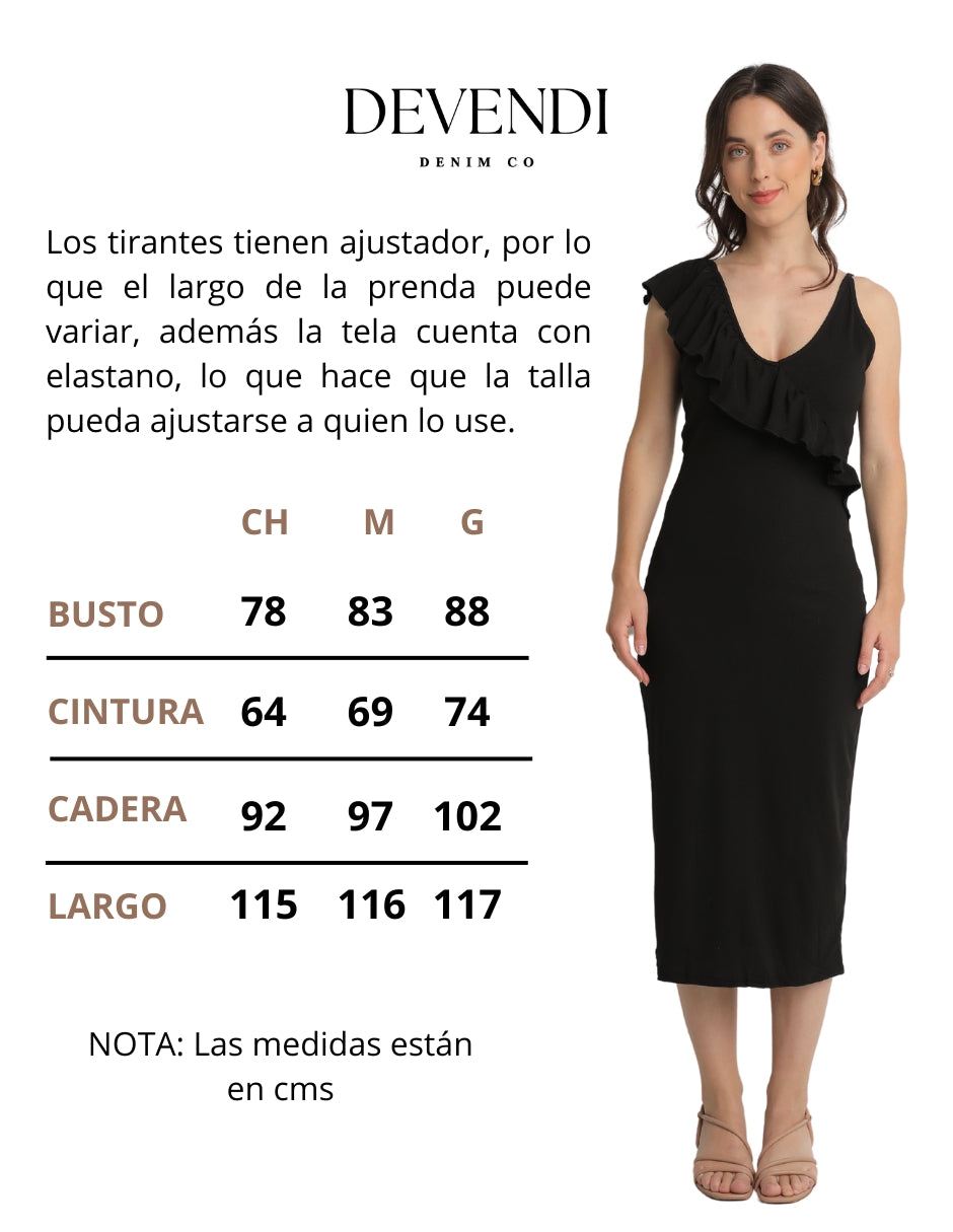 Vestido Midi Negro en Tejido de Punto Stretch con Escote en V