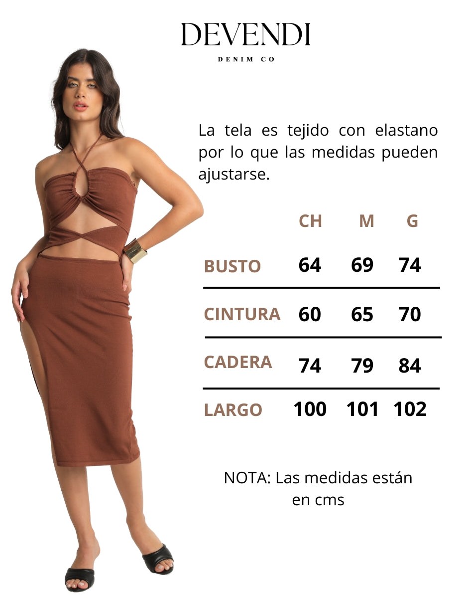 Vestido Midi Café en Tela Stretch Tejido de Punto con Escote y Aberturas Frontales