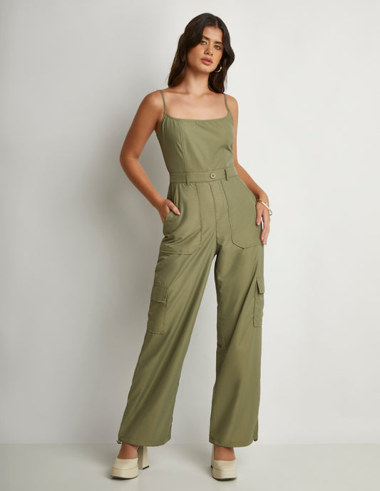 Jumpsuit Verde Repelente al Agua con Pantalón Wide Leg Convertible a Jogger