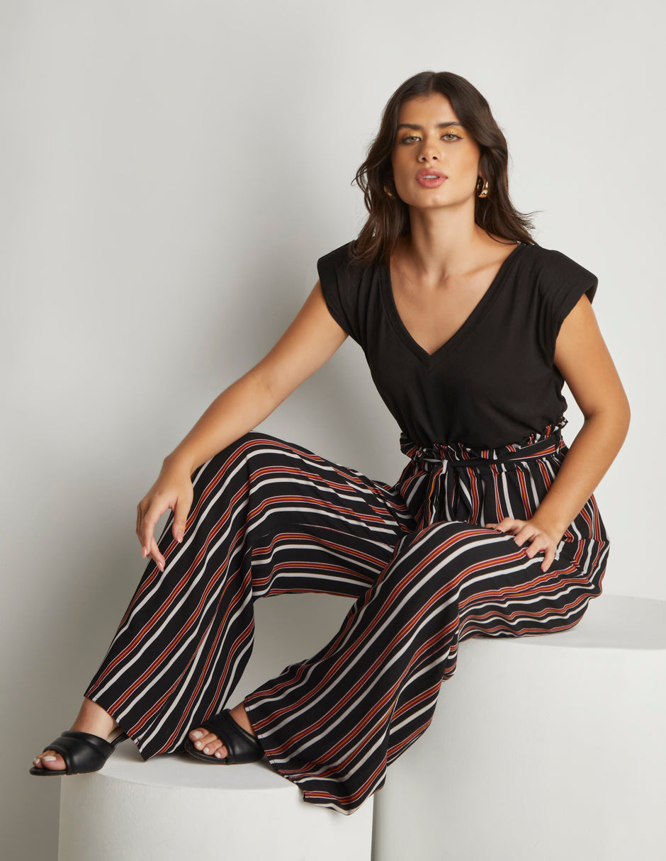 Jumpsuit con Blusa en Tela Stretch Estampado Lineal Color Negro