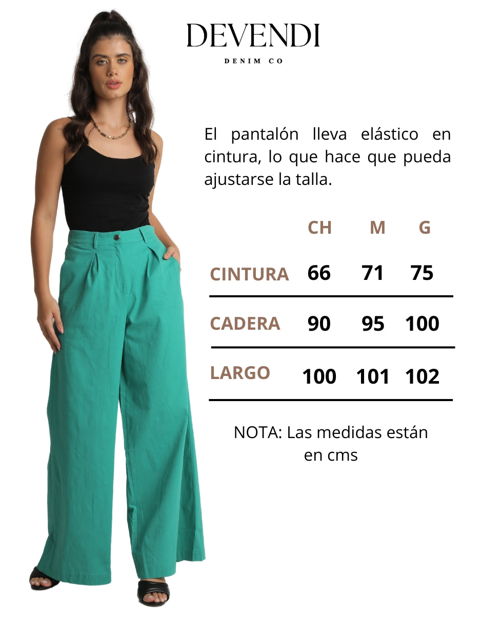 Pantalón Wide Leg de Lino con Elástico en Cintura y Bolsas Habilitadas Color Verde