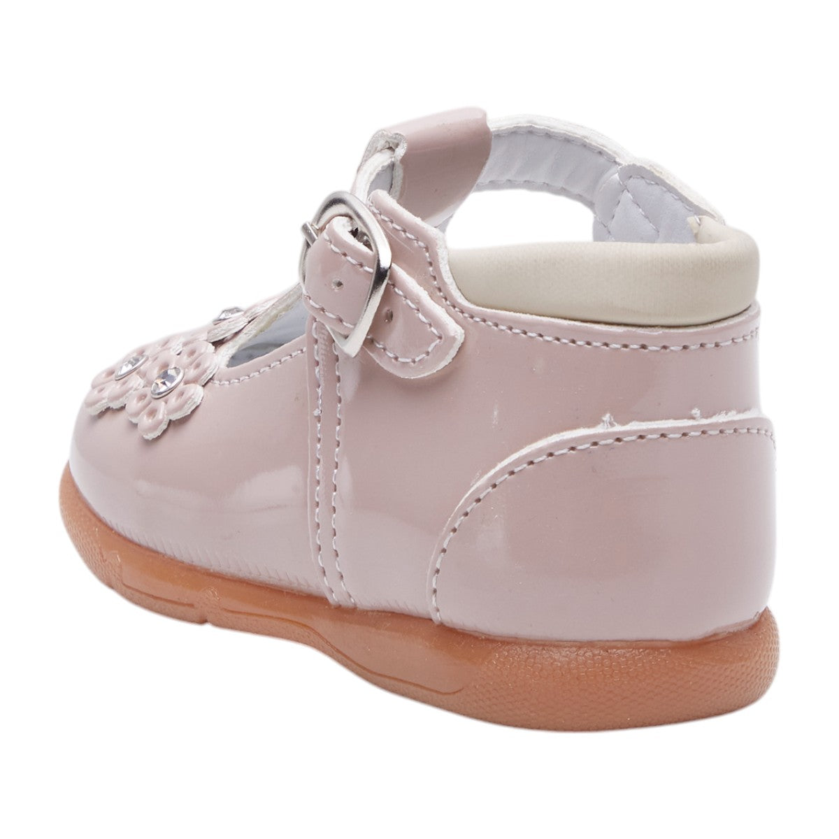 Zapatos para niña de charol con brillo, punta redonda, correa ajustable con hebilla y flores decorativas dv2925