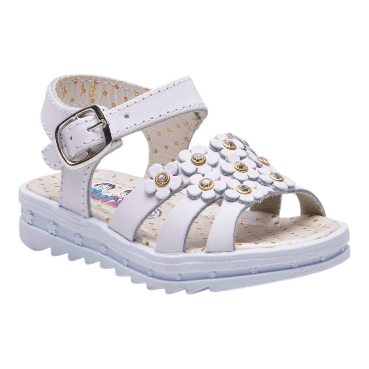 Sandalias para niña tipo piel color blanco con flores decorativas 3D dv2925