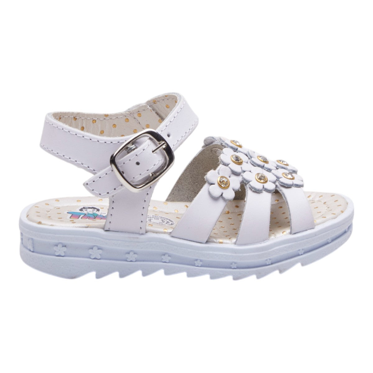 Sandalias para niña tipo piel color blanco con flores decorativas 3D dv2925