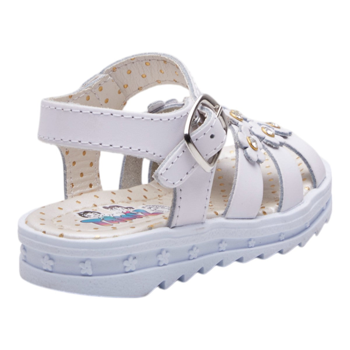 Sandalias para niña tipo piel color blanco con flores decorativas 3D dv2925