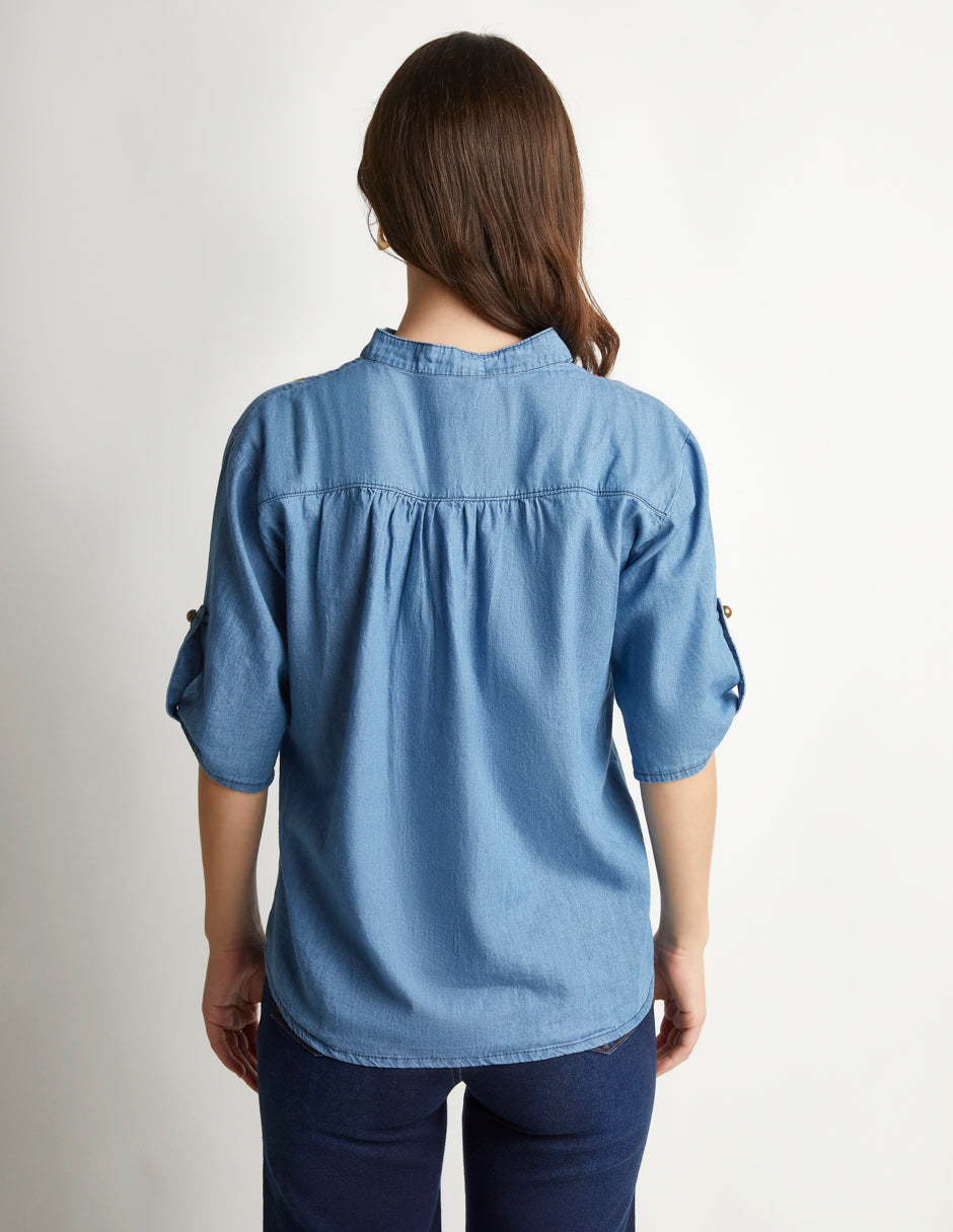 Blusa Azul Mezclilla: Bordado, Cuello Redondo