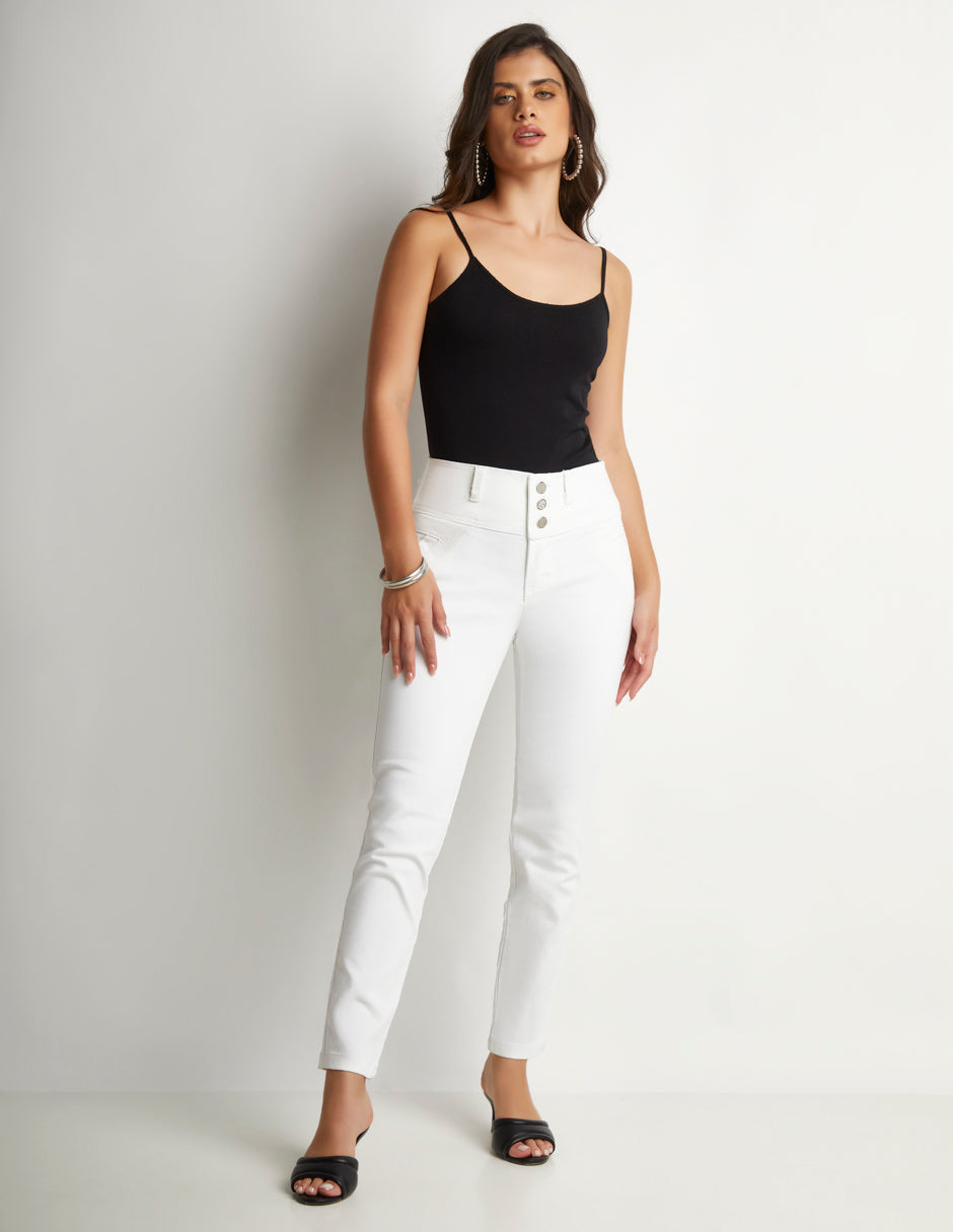 Jeans Colombiano Blanco Super Stretch: Tres Botones, Levanta Pompi