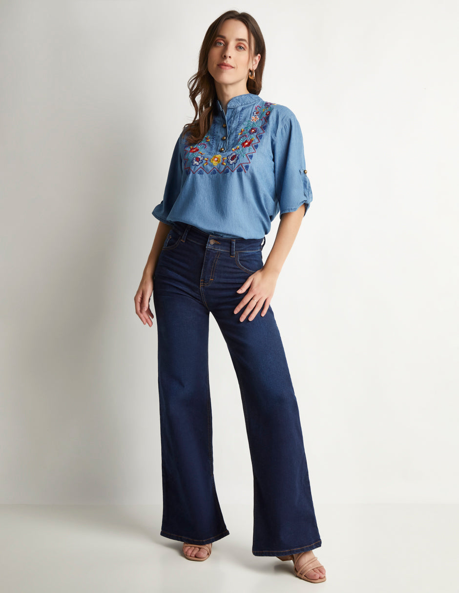 Jeans Azul Mezclilla Wide Leg: Stretch y Cómodo