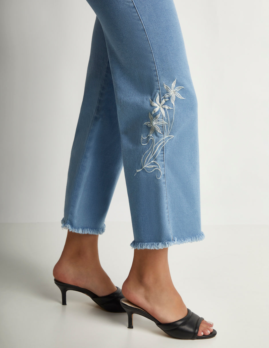 Jeans Wide Leg Azul con Bordado: Stretch