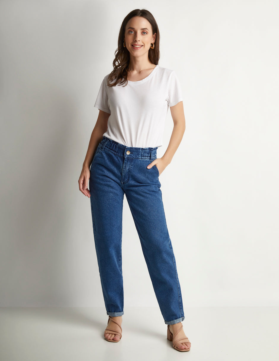 Jeans Azul Stretch: Mom Fit Tiro Alto Relaxed