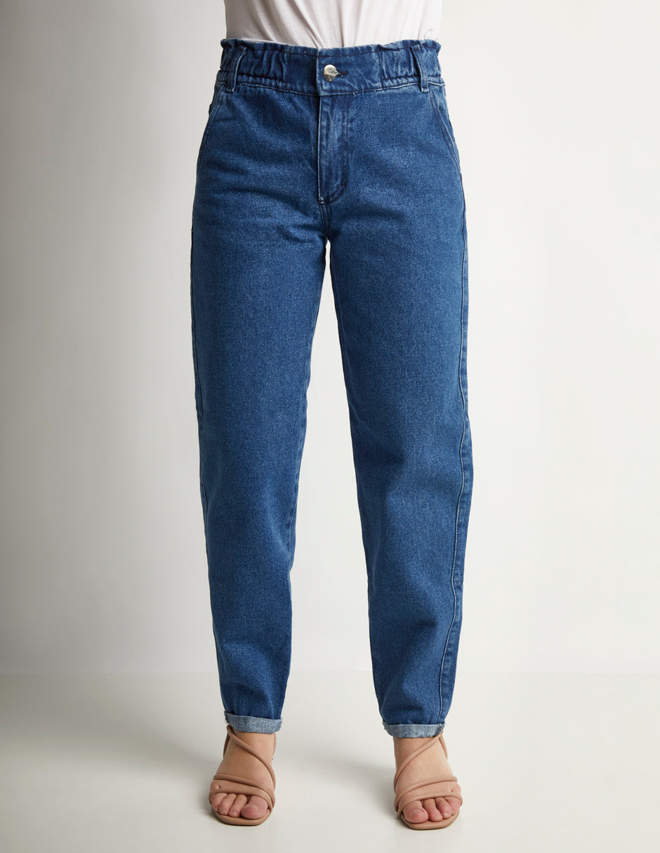 Jeans Azul Stretch: Mom Fit Tiro Alto Relaxed