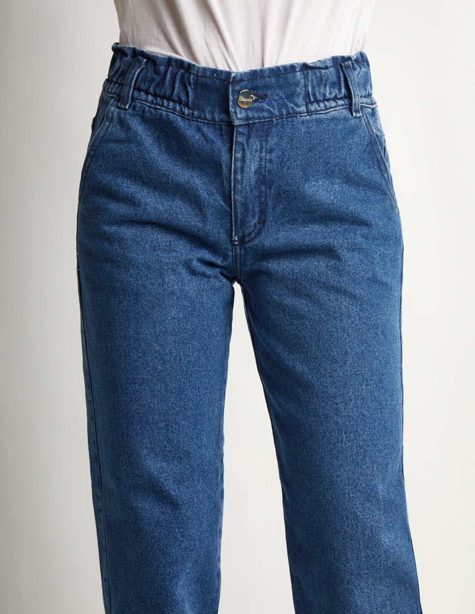 Jeans Azul Stretch: Mom Fit Tiro Alto Relaxed