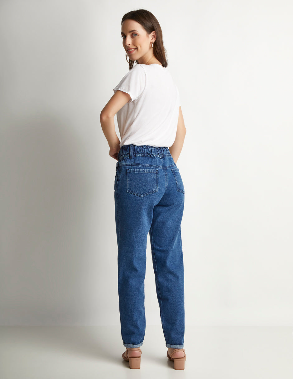 Jeans Azul Stretch: Mom Fit Tiro Alto Relaxed