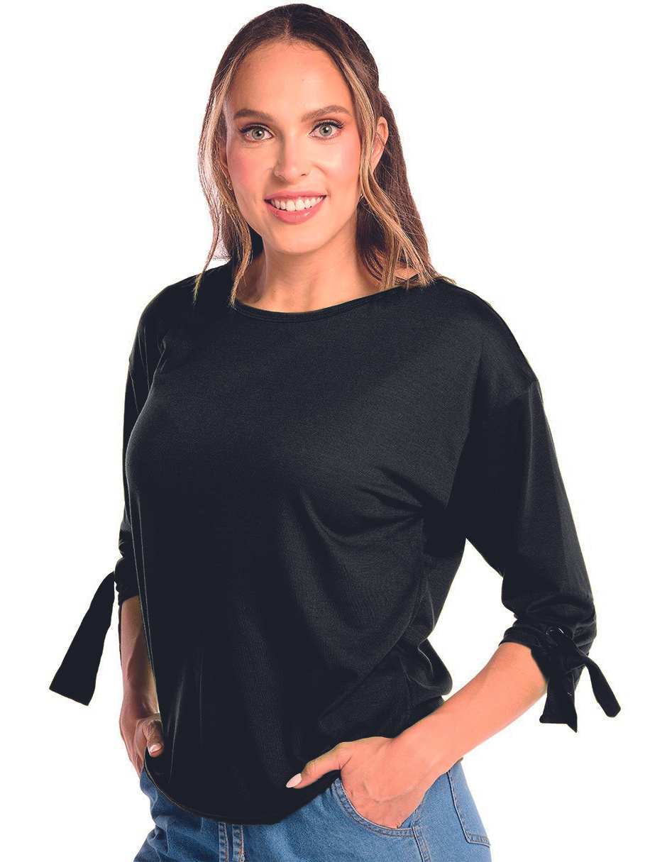 Blusa Negra: Tela Ligera, Stretch, Cuello Redondo, Básica