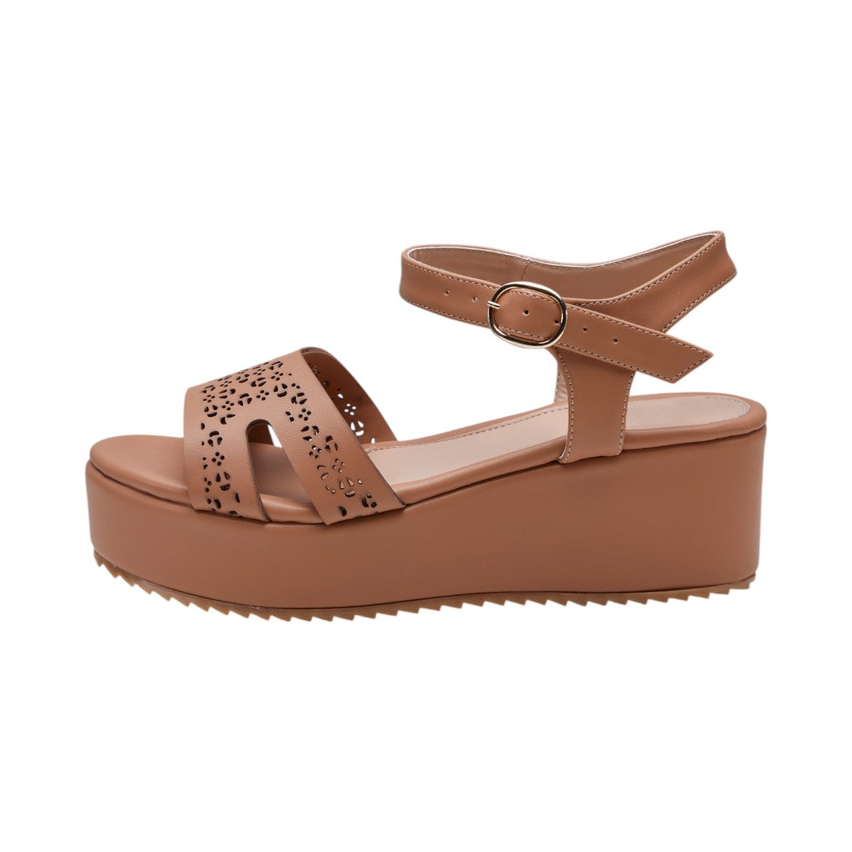 Sandalias de Dama Plataforma 5cm, Material Textil Tipo Piel, Corte Láser Decorativo, Correa Ajustable en Tobillo, Suela Antideslizante Color Café dv2925