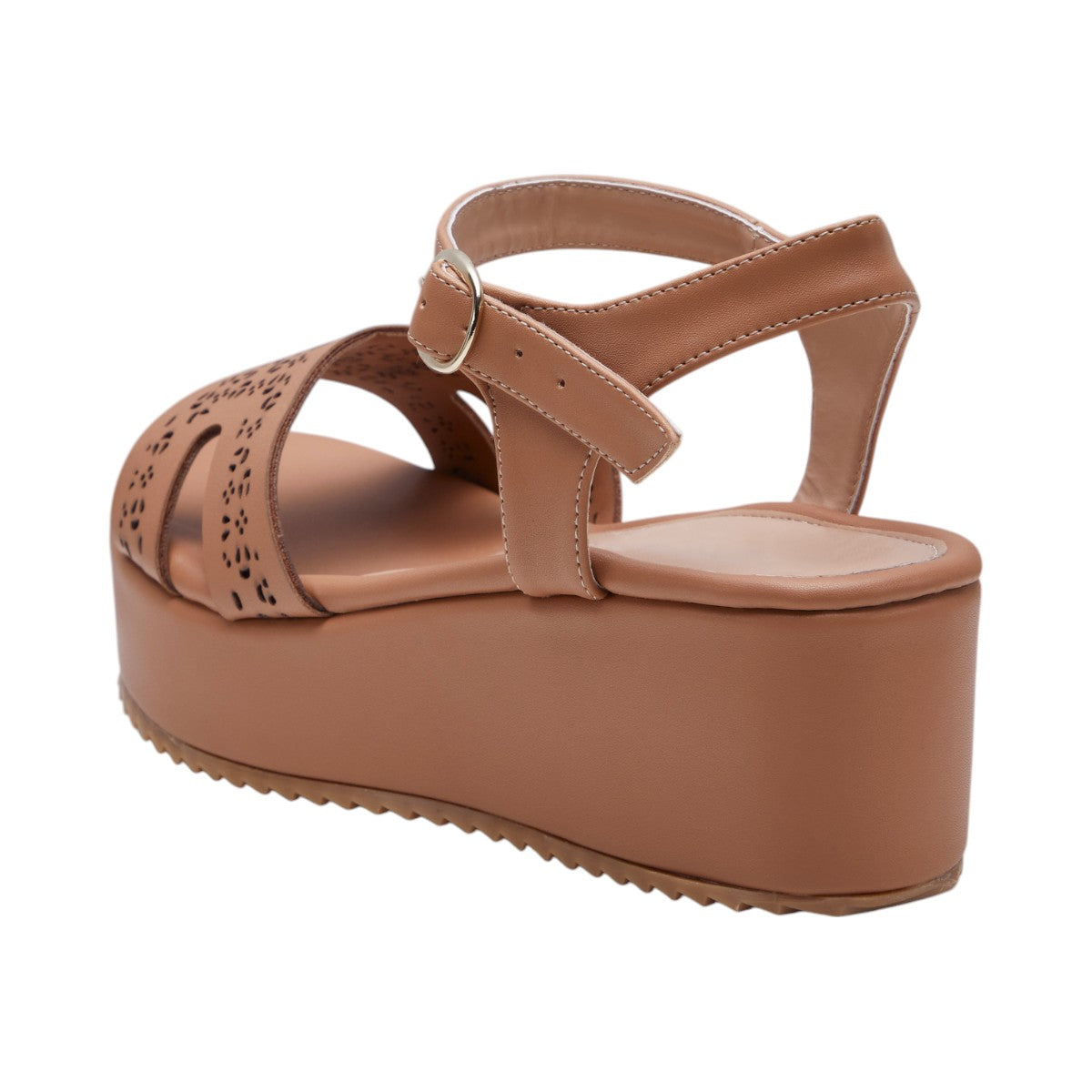Sandalias de Dama Plataforma 5cm, Material Textil Tipo Piel, Corte Láser Decorativo, Correa Ajustable en Tobillo, Suela Antideslizante Color Café dv2925