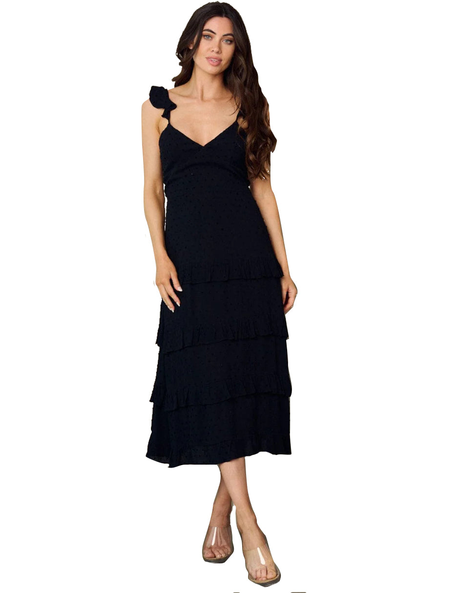 Vestido midi para mujer en color negro cuello en corte en V