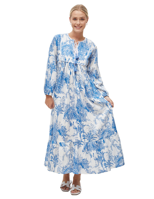Vestido Algodón Largo Mujer Manga Larga Estampado Azul y Blanco dv2925