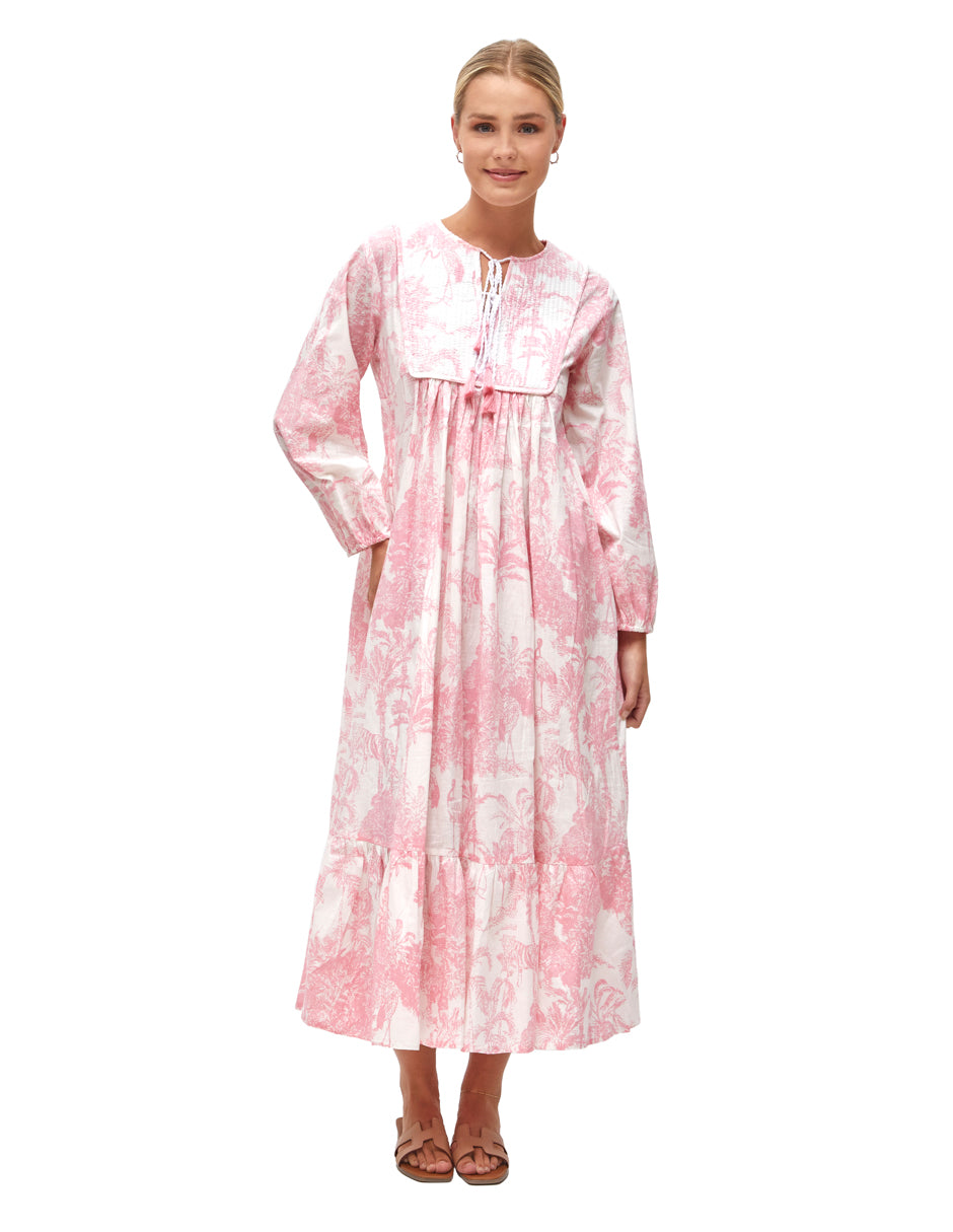 Vestido Algodón Largo Mujer Manga Larga Estampado Rosa y Blanco dv2925