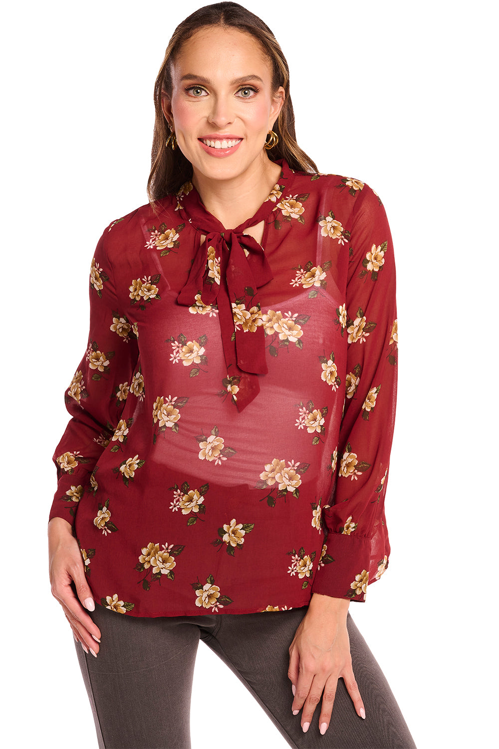 Blusa Tinto Floral: Tela Ligera, Manga Larga