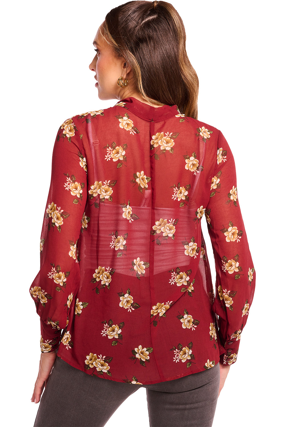 Blusa Tinto Floral: Tela Ligera, Manga Larga