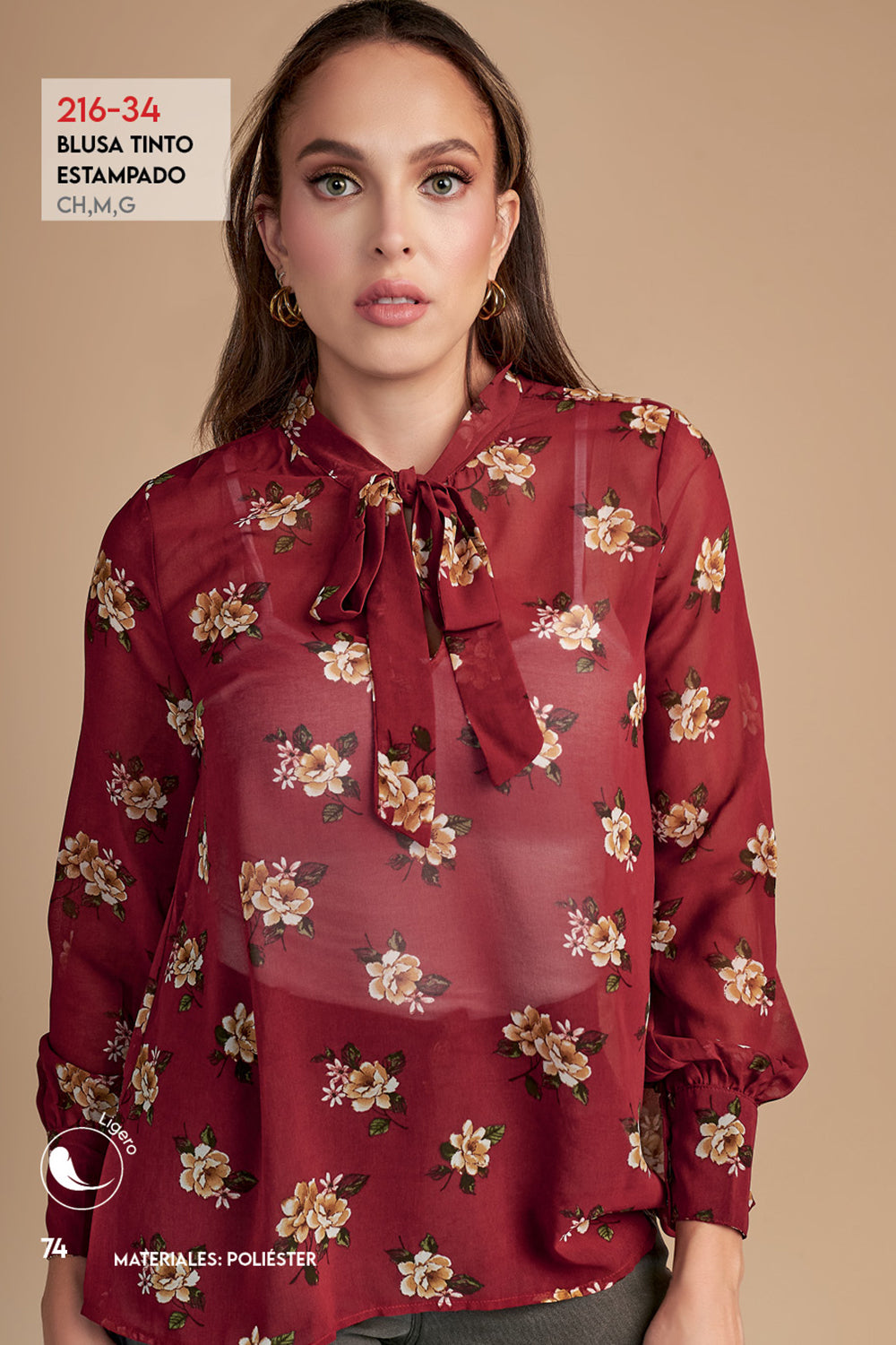 Blusa Tinto Floral: Tela Ligera, Manga Larga