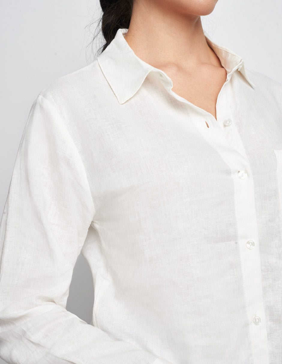 Camisa para mujer de tela de lino  largo es debajo de la cadera botones habilitados al frente