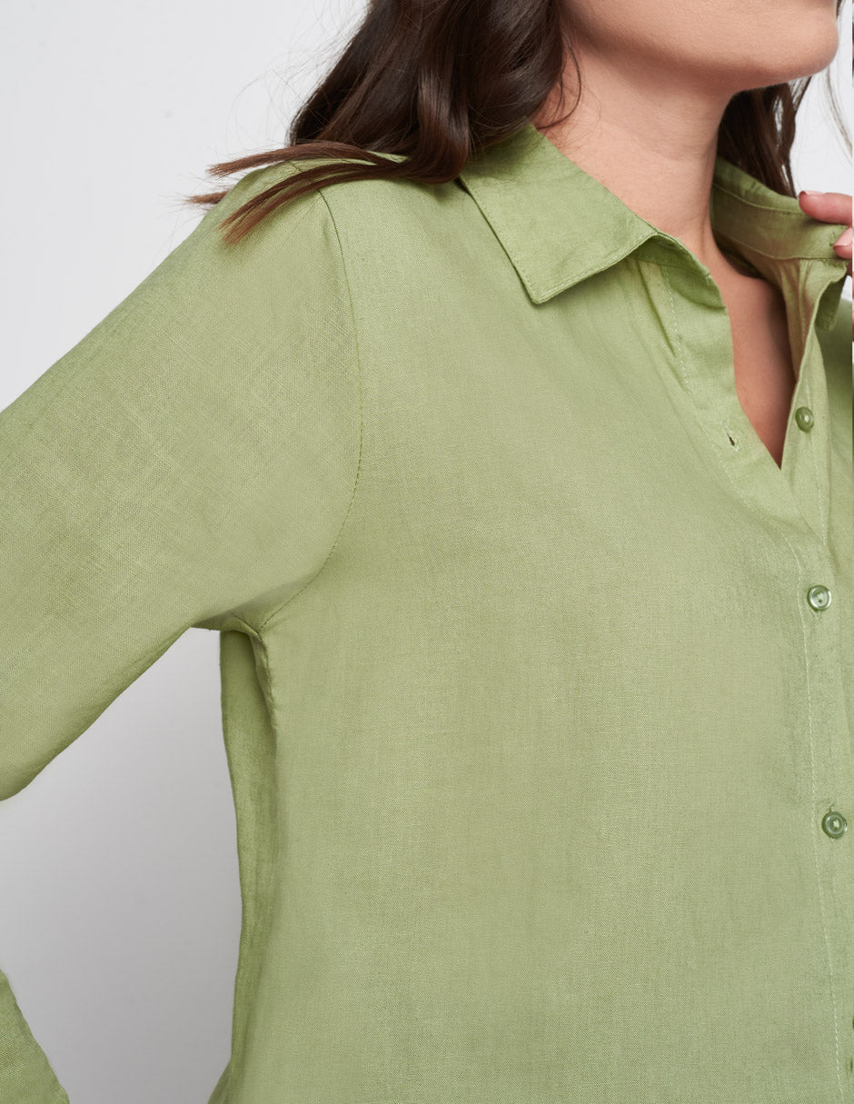 Camisa para mujer de tela de lino  largo es debajo de la cadera botones habilitados al frente
