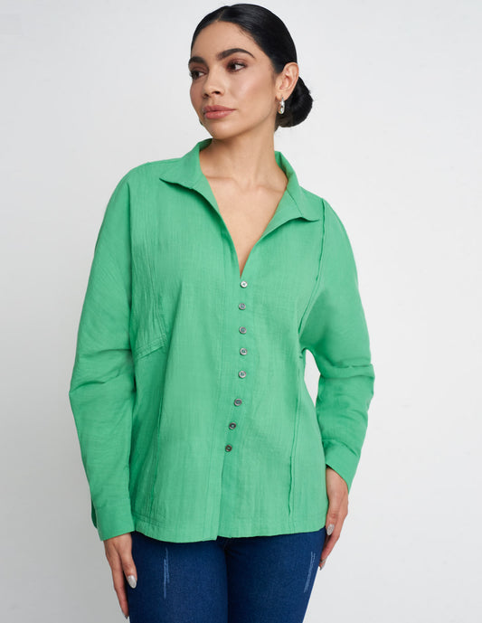 Camisa Devendi oversize para mujer de algodón tela ligera en color verde
