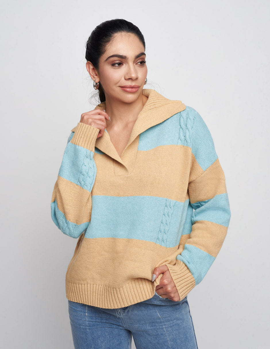 Suéter para mujer de tejido de punto en color beige con rayas, con cuello v y largo es por debajo de la cadera